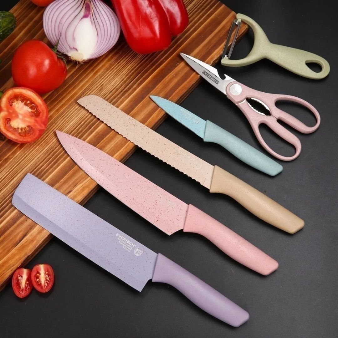 Kit Facas Coloridas 6 Peças com Tesoura e Descascador Cozinha Gourmet Completo