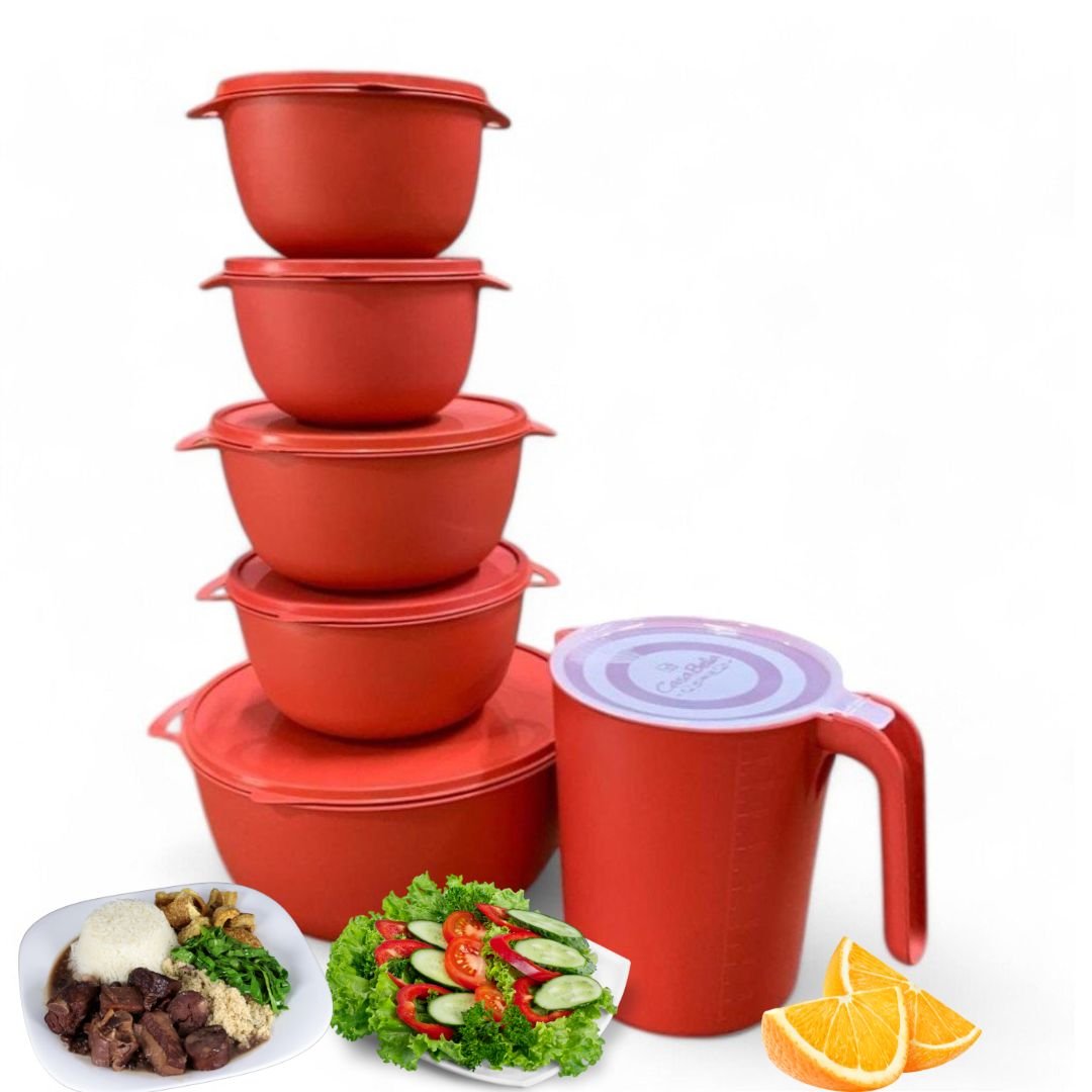 Kit 5 Potes Plásticos Tipo Bowl + Jarra 1,8L – Cozinha, Marmita, Dia a Dia